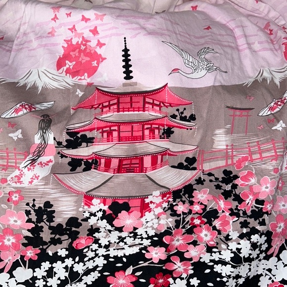 Pink Chinoiserie Pagoda Floral Blush Pink Pleated Flared Midi Skirt - XS - Picture 10 of 12